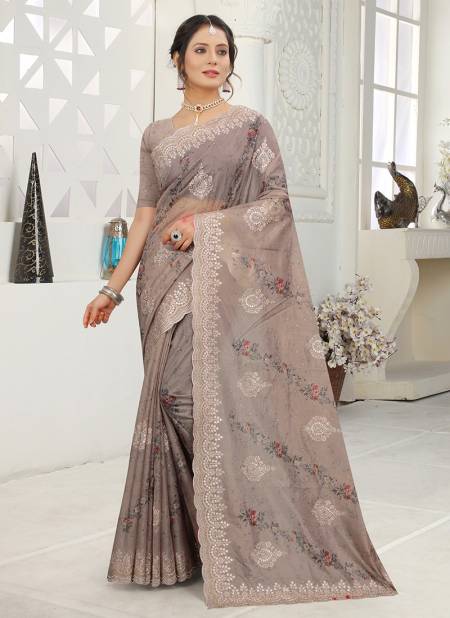 Gray Colour Latest Fancy Party Wear Orgenza Digital Print With Embroidered Saree Collection 1081